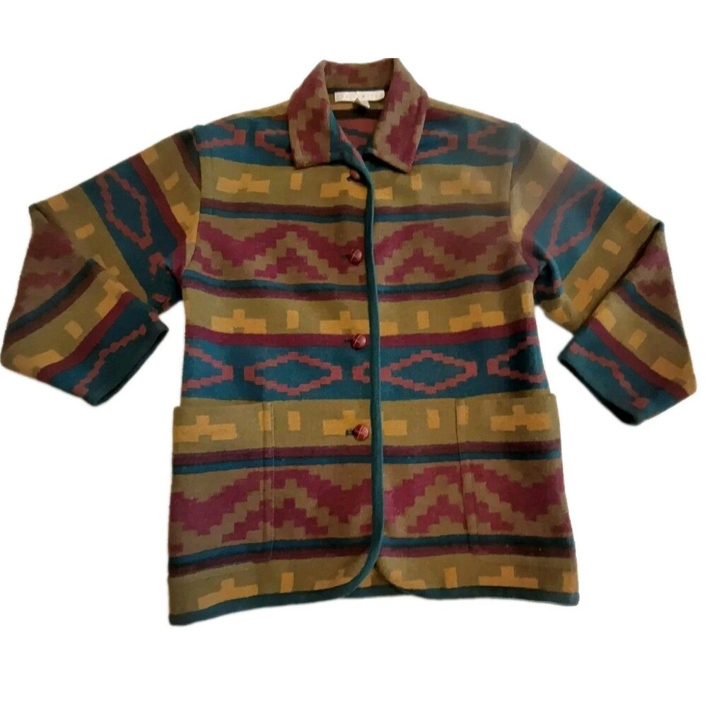 The Limited Size P/S Aztec Design Winter Coat Vintage 90's Pockets Front